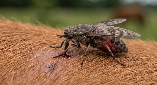 Engorged horse fly feeding on equine blood showing a painful parasitic bite