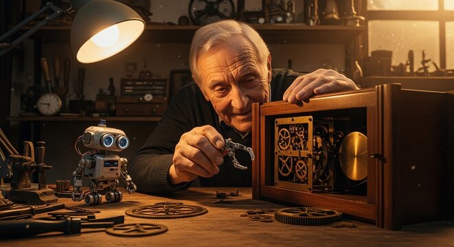 Elderly man repairing antique clockwork mechanism