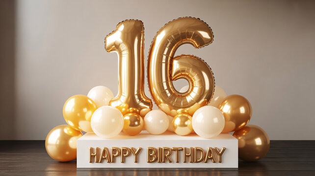 Birthday decoration, gold balloons, happy 16th celebration, party decor