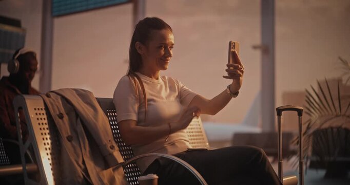 Stylish Female Traveler Sits By Large Windows of Departure Hall, Holding Smartphone For Video Chat With Friend. Concept of Joy of Sharing Travel Experiences in Real Time Through Modern Technology.
