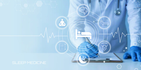 Doctor analyzing sleep medicine concepts with digital interface showing medical icons and heartbeat...