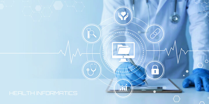 A medical professional wearing a white coat and blue gloves is writing on a clipboard with digital health informatics icons and a heartbeat line overlay