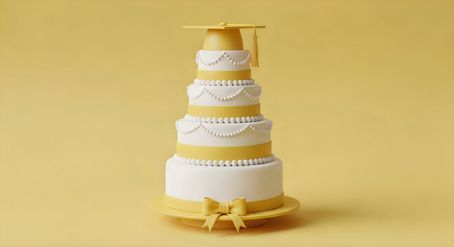 Minimalist white and yellow tiered cake with graduation cap topper design