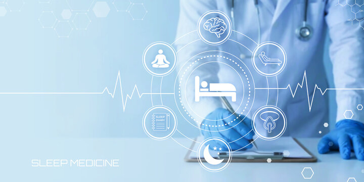 Doctor analyzing sleep medicine concepts with digital interface showing medical icons and heartbeat line illustrating health and wellness diagnosis
