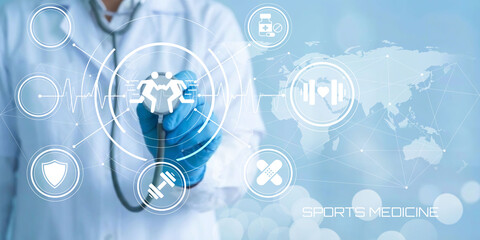 Sports health and global connectivity with a blurred world map in the background, symbolizing sports medicine and wellness © KHAN VECTOR CO. 