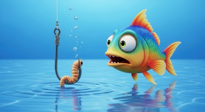 A colorful cartoon fish stares in wide-eyed alarm at a worm dangling precariously from a sharp