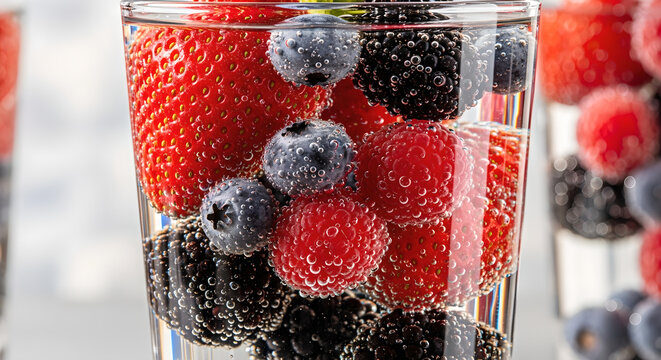 Close-up of vibrant fresh strawberries, blueberries, raspberries, and blackberries effervescing in crystal-clear sparkling water, a healthy, natural, and refreshing drink