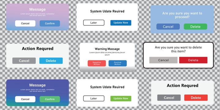 Modern ui alert popup boxes with gradient backgrounds and colorful buttons for app vector.