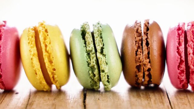 Row of Colorful French Macaron on Rustic Wooden Table with White Background