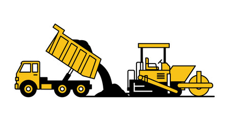 Asphalt paver machine and dump truck working on road construction, vector illustration © Yumna