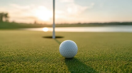 Obraz premium Close-up of a Golf Ball on the Green with Sunset Background Showcasing Perfect Night Golfing Conditions