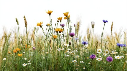 Fototapeta premium Vibrant Summer Meadow with Diverse Wildflowers and Golden Wheat Ears Against a Clean White Background