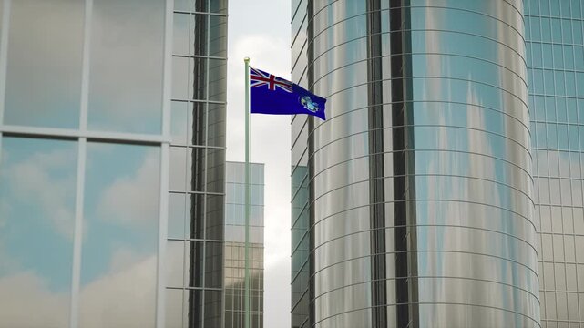 Tristan da Cunha Flag 3D Render Animation on Pole with City Buildings