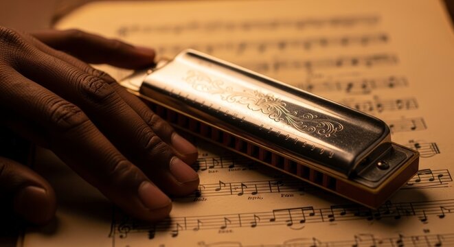 Close-up of a blues harmonica resting on sheet music with a hand nearby.
