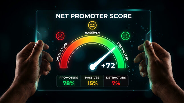 Hands holding a holographic transparent screen displaying a net promoter score gauge at plus seventy-two