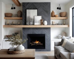 Obraz premium Modern Living Room with Contemporary Fireplace, Floating Shelves, and Cozy Seating Area