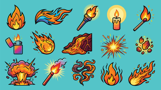 A vibrant collection of cartoon-style illustrations depicting various forms of fire, explosions, and heat-related phenomena.