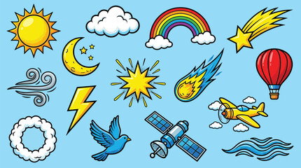 Obraz premium A vibrant collection of celestial and atmospheric phenomena illustrations, including sun, moon, clouds, rainbow, shooting stars, lightning, and a hot air balloon.