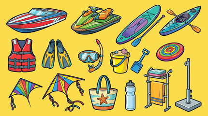 A vibrant collection of water sports and beach activity equipment displayed on a bright yellow background. © desiana