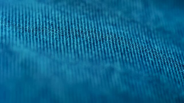 Blue denim fabric texture close up showing woven threads in motion with smooth cinematic pan movement.