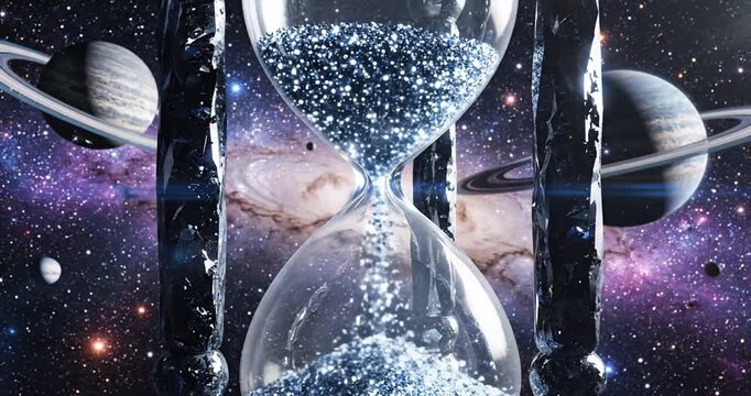 Cosmic hourglass with shimmering sand, surrounded by planets in a vibrant galaxy backdrop