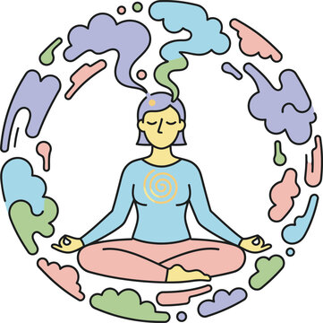Mindfulness and Meditation Concept Illustration with Person in Lotus Pose and Abstract Thoughts