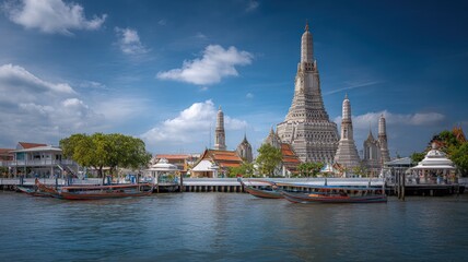 Naklejka premium Iconic Wat Arun Temple Majestic Spire Overlooking Chao Phraya River in Bangkok Thailand with Boats
