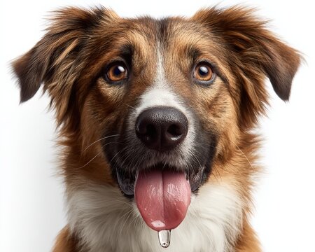 Close up portrait of a happy, panting mixed breed dog with brown and white fur, sticking out its tongue and drooling on a white background