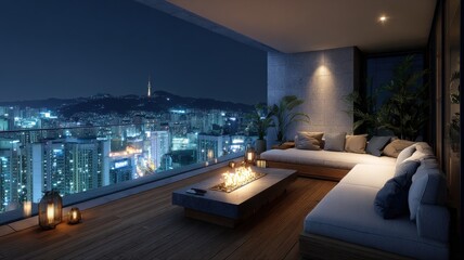 Obraz premium Modern Luxury Apartment Balcony with Cityscape Night View and Fire Pit Seating Area