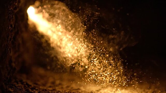 Molten Metal Sparks and Glows in a Dark Industrial Setting, Creating a Fiery Cascade.