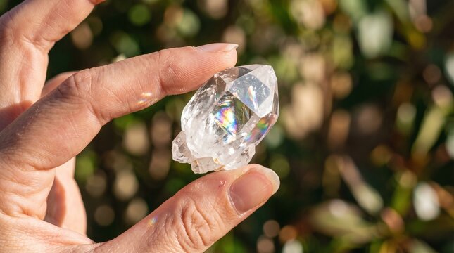 Hand holding a clear quartz crystal with rainbow reflections in natural light outdoors