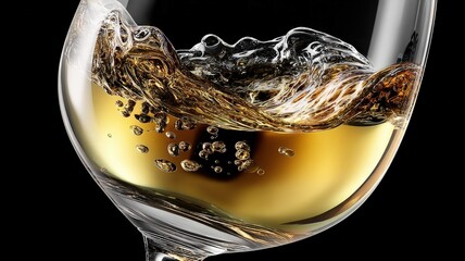 Fototapeta premium Close Up Dynamic Splash of Golden White Wine Swirling in a Crystal Glass Against a Dark Background
