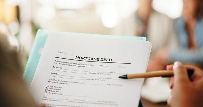 Person, hands and lawyer with document for mortgage deed, home loan or financial advice in house. Attorney, paperwork or application form with information for real estate, property or settlement