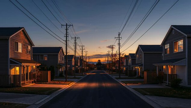 夕焼けに照らされた新興住宅街の一戸建てがあたたかい暮らしを感じさせる街並み