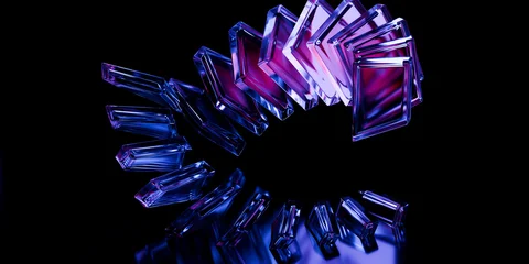 Cyber elements made of transparent glass and liquid acrylic purple blue glow on black backdrop cinematic tech background design cover art visuals 3d rendering © IM_VISUALS