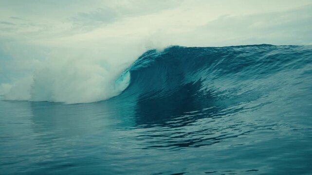Large ocean wave cresting and breaking in open sea under cloudy sky, idyllic picture perfect barrely of deep clean fresh water, slow motion barrel