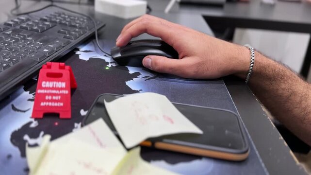 hand using a computer mouse at an office desk with keyboard, smartphone, sticky notes, and a blurred red caution sign in a modern indoor workspace.