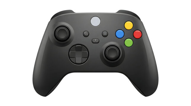 Black xbox controller with colorful buttons on white background for gaming
