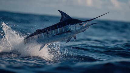 Fototapeta premium Majestic Striped Marlin Leaping from Ocean Waters, Capturing the Thrill of Deep Sea Sport Fishing