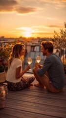 Obraz premium Romantic Couple Enjoying Sunset Drinks on Rooftop Terrace with Cityscape View