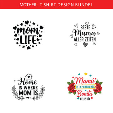 Four t shirt designs celebrating motherhood with heartfelt phrases and decorative elements