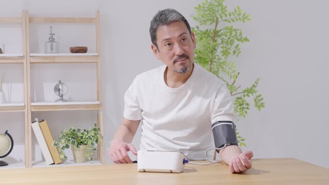 血圧計で血圧を測定する中高年男性