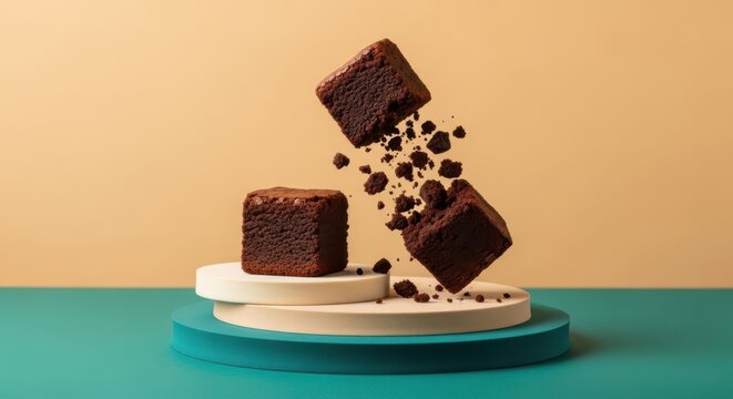 Chocolate brownies floating above a display podium