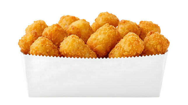 Crispy golden tater tots in a white paper container on a plain background perfect for snack or side dish