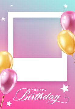 realistic happy birthday invitation card with picture frame