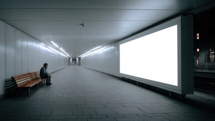Fototapeta premium Empty underground walkway with a lone person on a bench next to a large, bright, blank advertisement screen