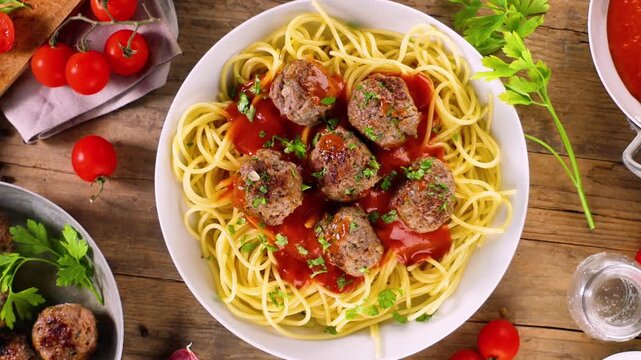 Top View of Spaghetti Pasta with Meatball and Tomato Sauce in White Plate
