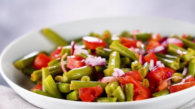 Healthy Green Bean Salad with Tomato and Red Onion in White Bowl