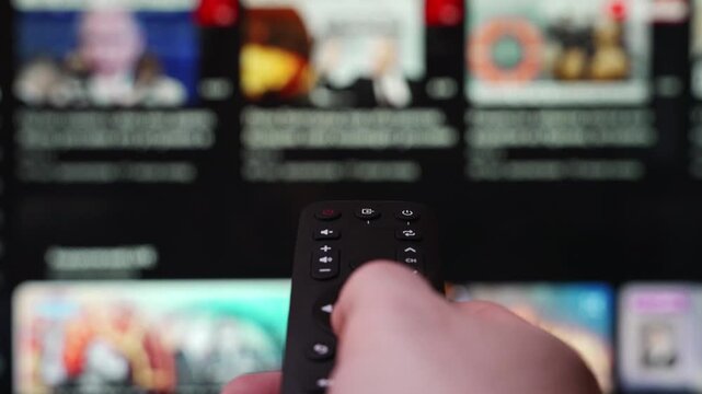 Smart tv screen and hand with remote control. Online video streaming service. Internet TV. Channel surfing
