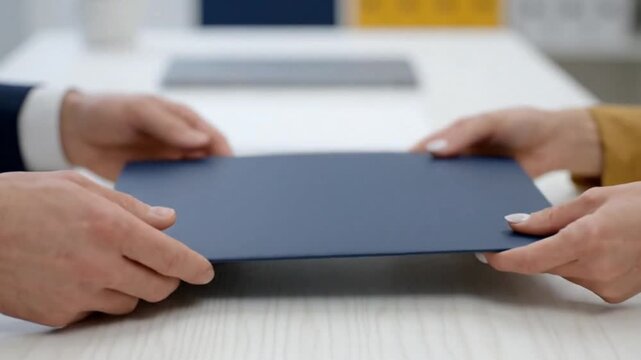Close-Up of Unrecognizable Hands Passing Blank Folder in Office